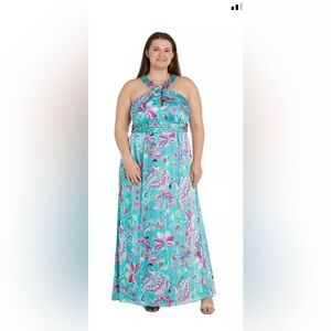 NWT - R&M Richard’s Floral Cross‎ Over Maxi Halter Dress In Light Blue - 22W